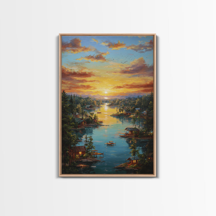 Peaceful Lakeside Village At Sunset Landscape Painting Framed Canvas Print Tranquil Wall Art For Rustic And Cozy Home Decor