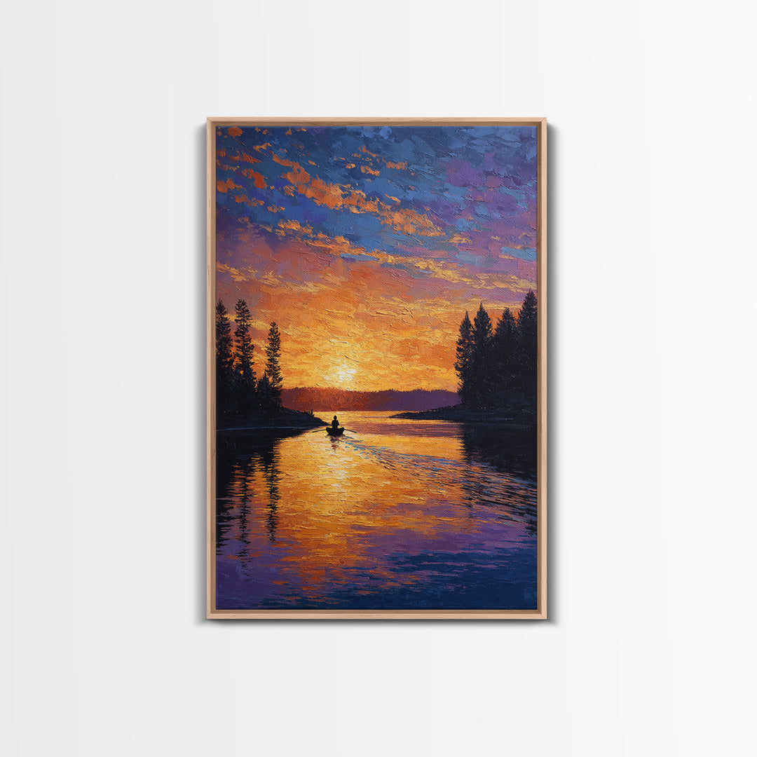 Vibrant Sunset Over Peaceful Lake With Lone Boatman Silhouette Wall Art Framed Canvas Print For Living Room Decor