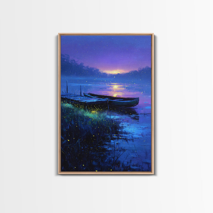 Serene Twilight Lake With Boats Painting Canvas Print Wall Art For Relaxing Home Decor Or Office Space Accent