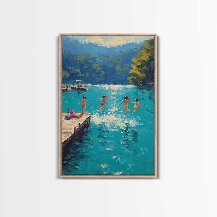 Children Jumping Into A Lake Summer Scene Painting Fine Art Canvas Print Relaxing Wall Art Decor