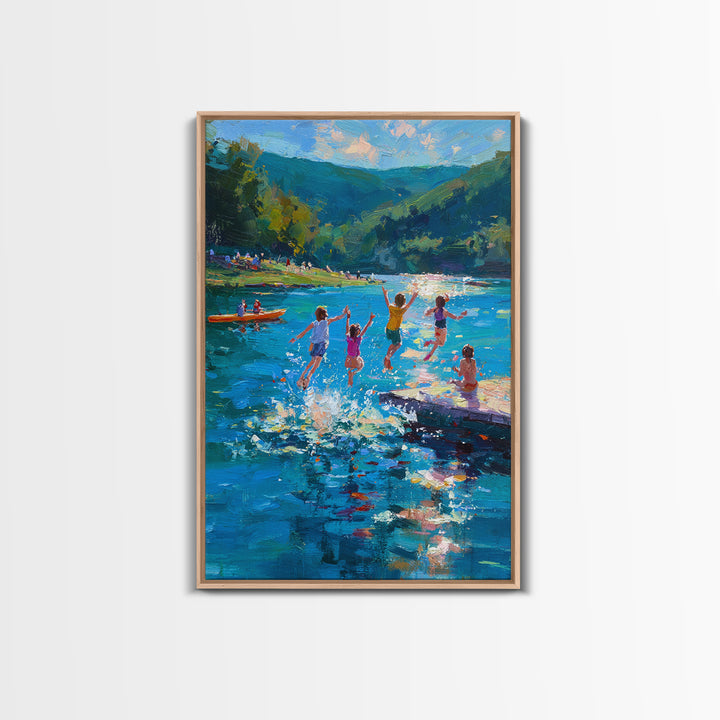 Children Playing At Summer Lake Scene Joyful Landscape Painting Large Wall Art Canvas Print