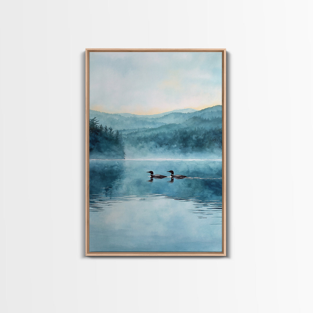 Serene Lake With Two Loons At Dawn Landscape Wall Art Misty Forest Canvas Print For Nature Lovers Home Decor