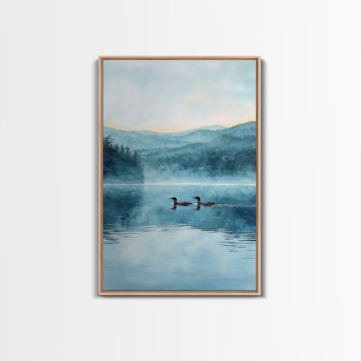 Serene Lake With Two Loons At Dawn Landscape Wall Art Misty Forest Canvas Print For Nature Lovers Home Decor