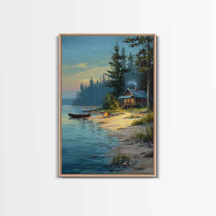 Peaceful Lakeside Cabin Painting At Dusk With Campfire And Canoe Scenic Landscape Art Print For Rustic Home Decor Bedroom Wall Art Framed Canvas Print