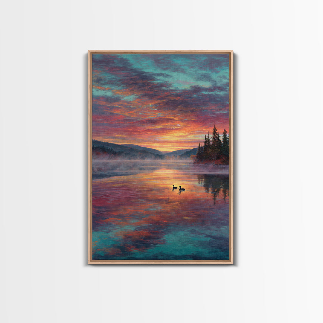 Serene Misty Mountain Sunset Landscape With Ducks On Lake Fine Art Canvas Print For Living Room Wall Decor