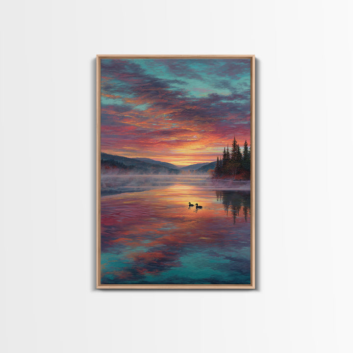 Serene Misty Mountain Sunset Landscape With Ducks On Lake Fine Art Canvas Print For Living Room Wall Decor