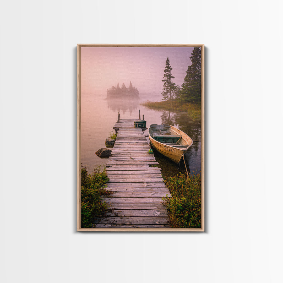 Peaceful Foggy Lake Morning With Wooden Dock Wall Art Canvas Print For Rustic Cabin And Home Decor