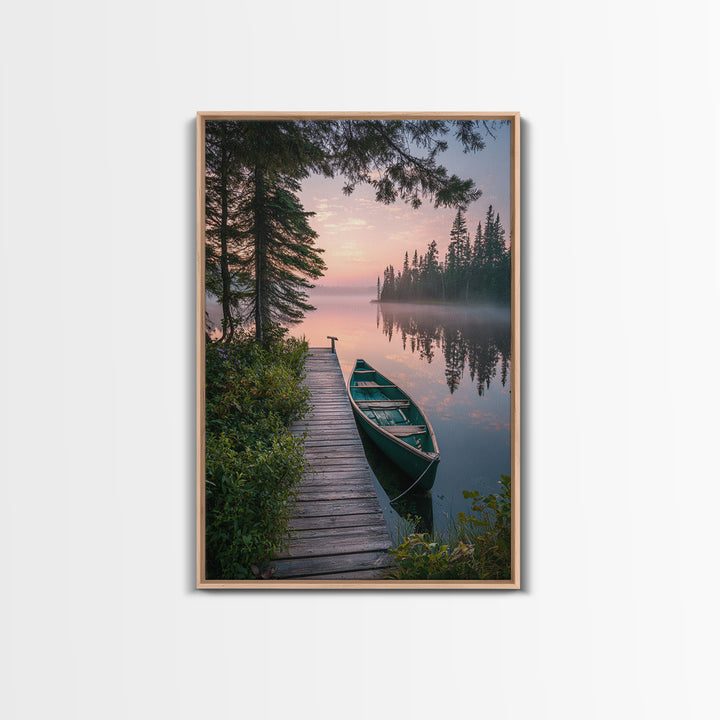 Serene Lake Dock With Canoe Landscape Wall Art Nature Photography Calm Framed Canvas Print