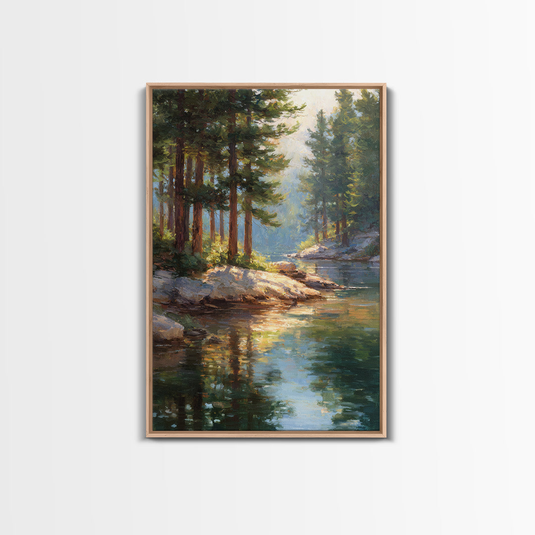 Serene Pine Forest Landscape With River Reflection In Oil Painting Medium Perfect Wall Art Canvas Print