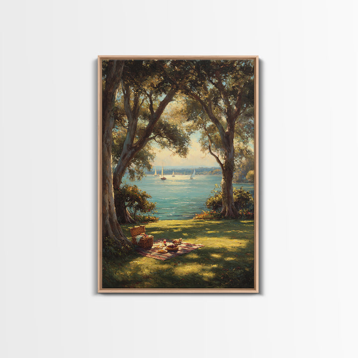 Peaceful Lakeside Picnic Painted Landscape Oil Painting Art Print Framed Canvas Print For Rustic Home Decor And Cabin Wall Art