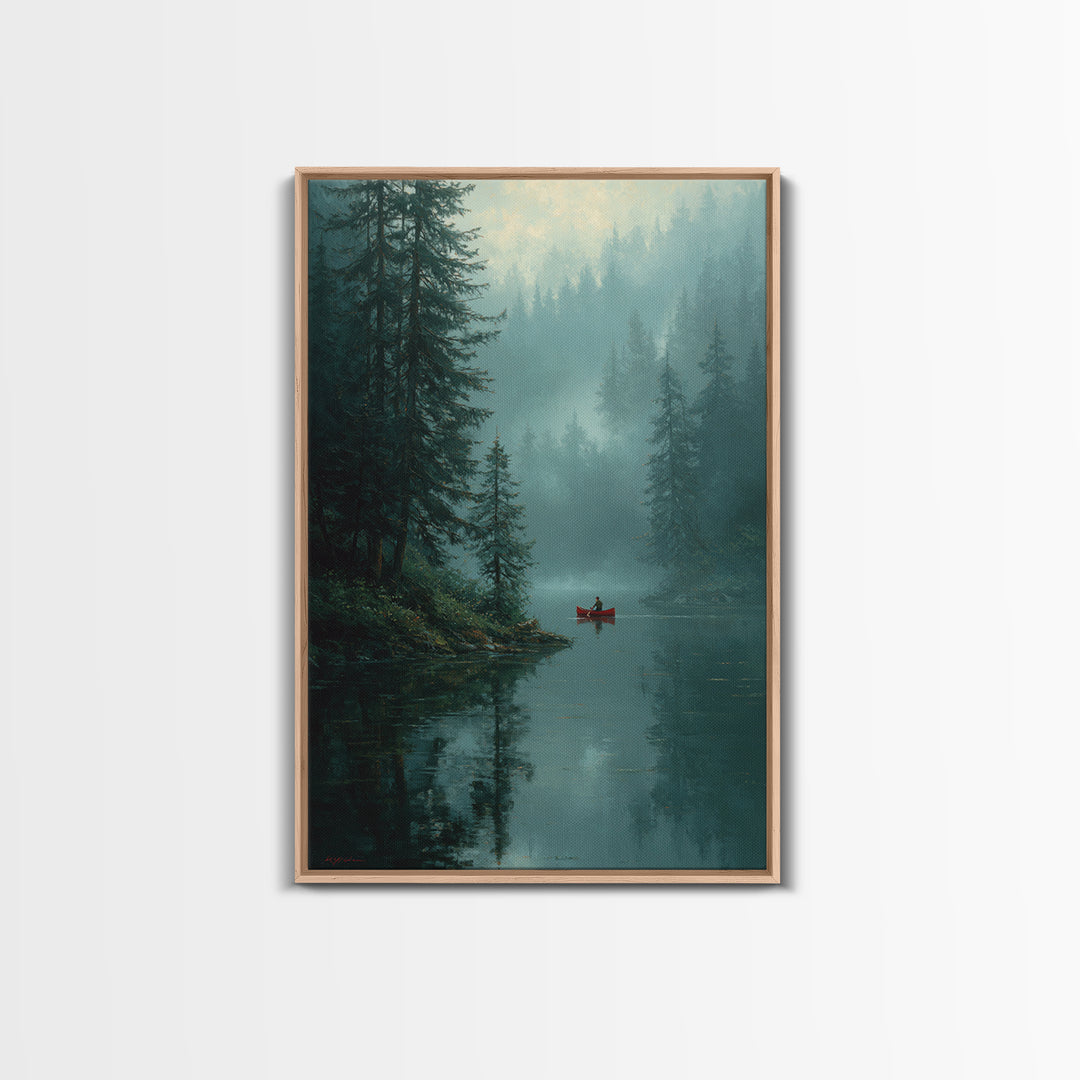 Serene Sunset Over Misty Lake Cabin With Orange Sky Wall Art Framed Canvas Print For Cozy Rustic Home And Bedroom Decor