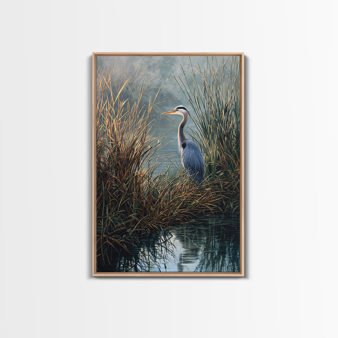 Realistic Blue Heron In Marshland Nature Scene Wall Art Fine Art Print Coastal Wall Decor Framed Canvas Print