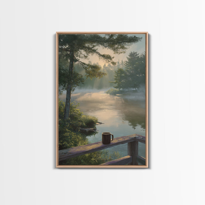 Peaceful Morning River Scene With Coffee Cup Landscape Wall Art Serene Nature Canvas Print For Cozy Home And Bedroom Decor