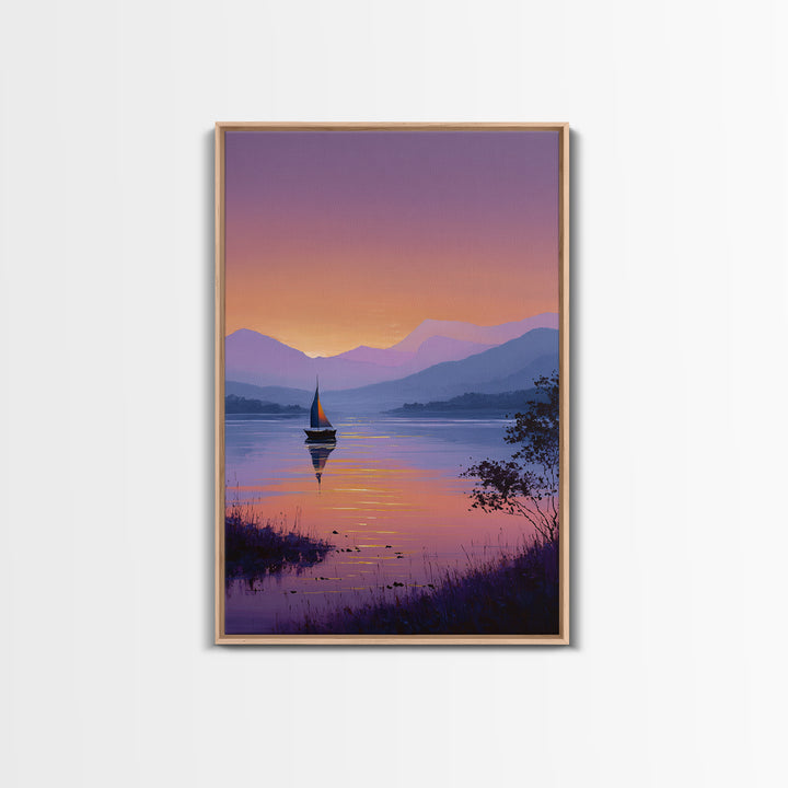 Tranquil Sailboat On Lake At Sunset With Purple Mountains Oil Painting Canvas Print Wall Art For Bedroom Decor And Nautical Lovers