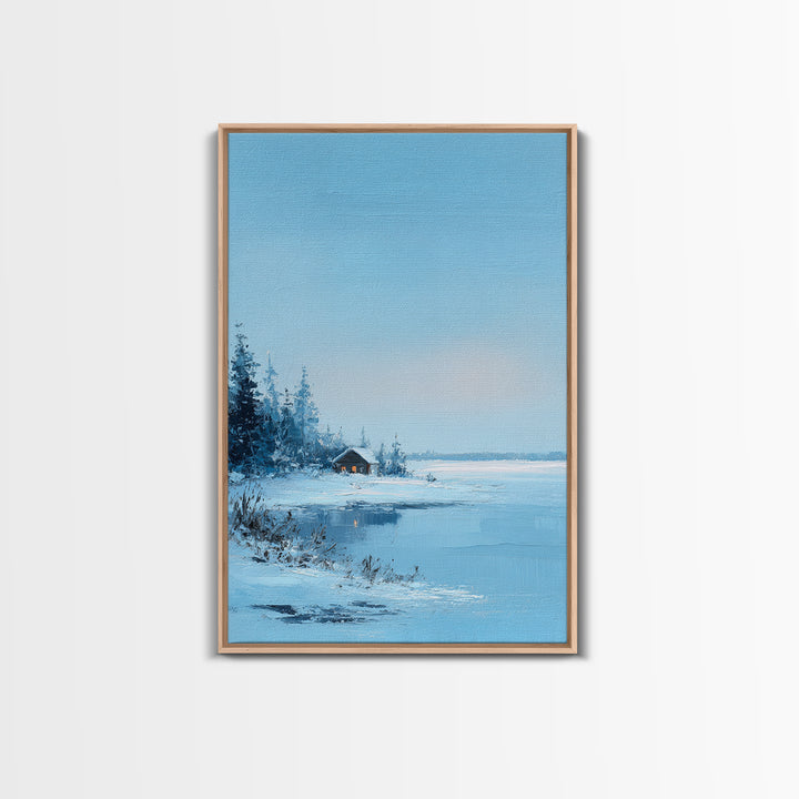 Winter Landscape With Snowy Trees And Cabin Cozy Calm Scene Canvas Print Wall Art For Bedroom Living Room And Rustic Home Decor