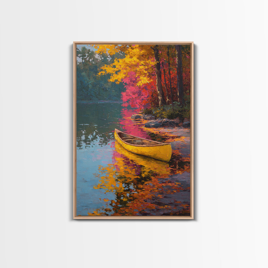 Serene Yellow Canoe On Reflective Autumn Lake Landscape Painting Framed Canvas Print for Peaceful Wall Art And Living Room Decor
