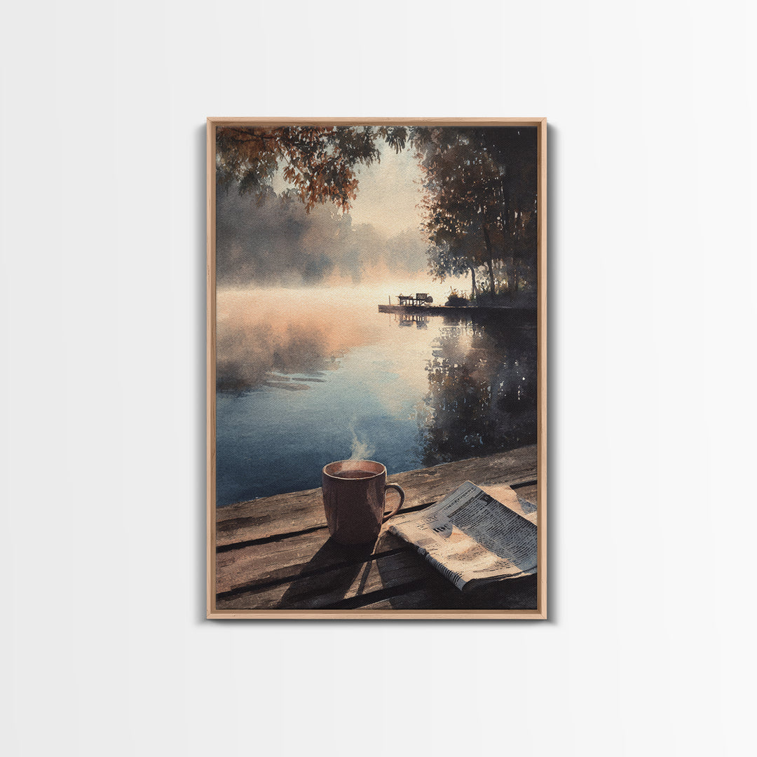 Cozy Lakeside Morning With Steam Rising Over Coffee Mug Watercolor Painting Wall Art Print For Bedroom Or Reading Nook