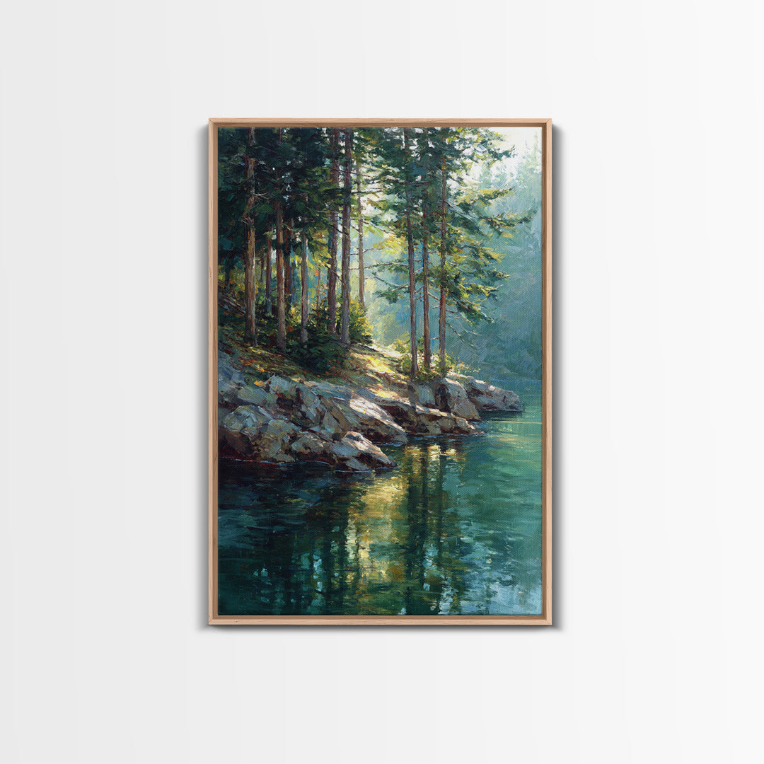 Sunlit Pine Forest Lake Painting Wall Art, Nature Landscape Art Print, Cabin Decor, Rustic Living Room Wall Decor Gift For Her