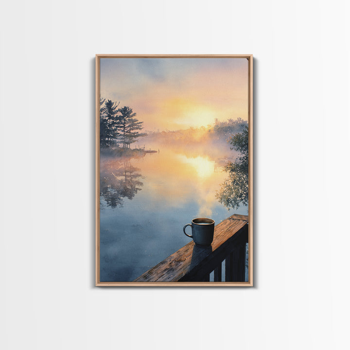 Calm Sunlit Lake At Dawn Watercolor Painting Canvas Print, Peaceful Landscape Wall Art, Soothing Home Decor Art
