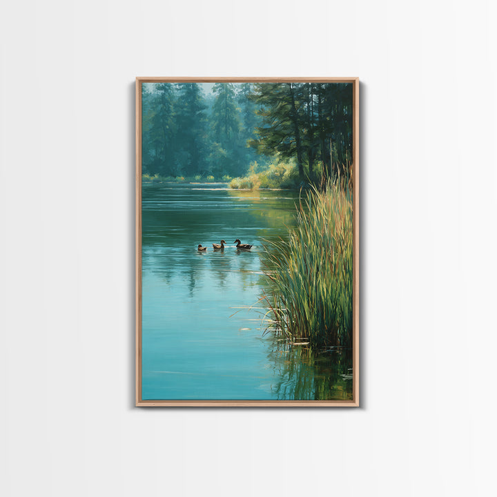 Tranquil Ducks On A Calm Lake Nature Scene Oil Painting Canvas Print For Rustic Living Room Wall Art And Cabin Home Decor