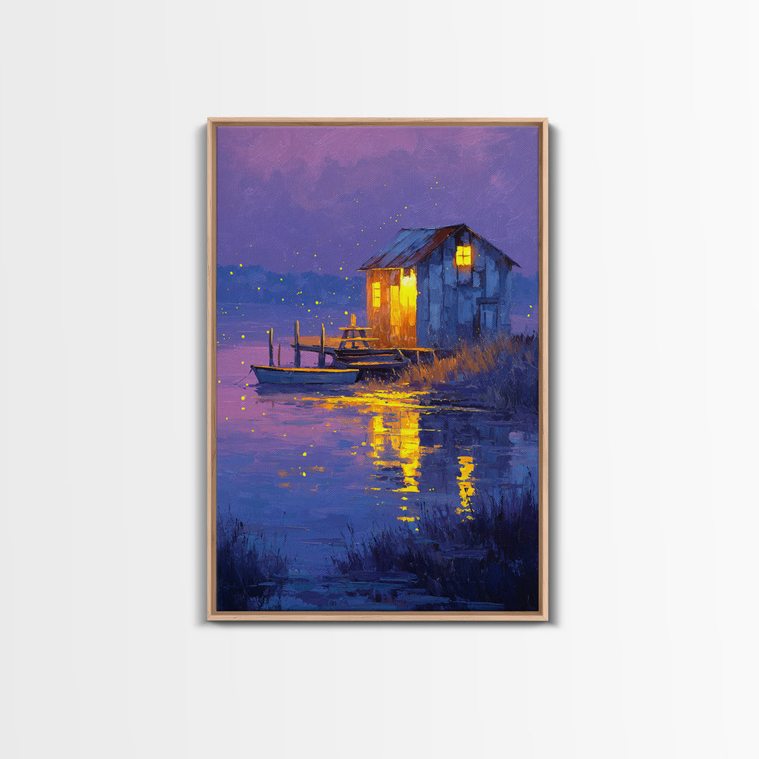 Rustic Night Lakeside Cabin With Boat Oil Painting Wall Art For Cozy Living Room Decor And Tranquil Bedroom Framed Canvas Print