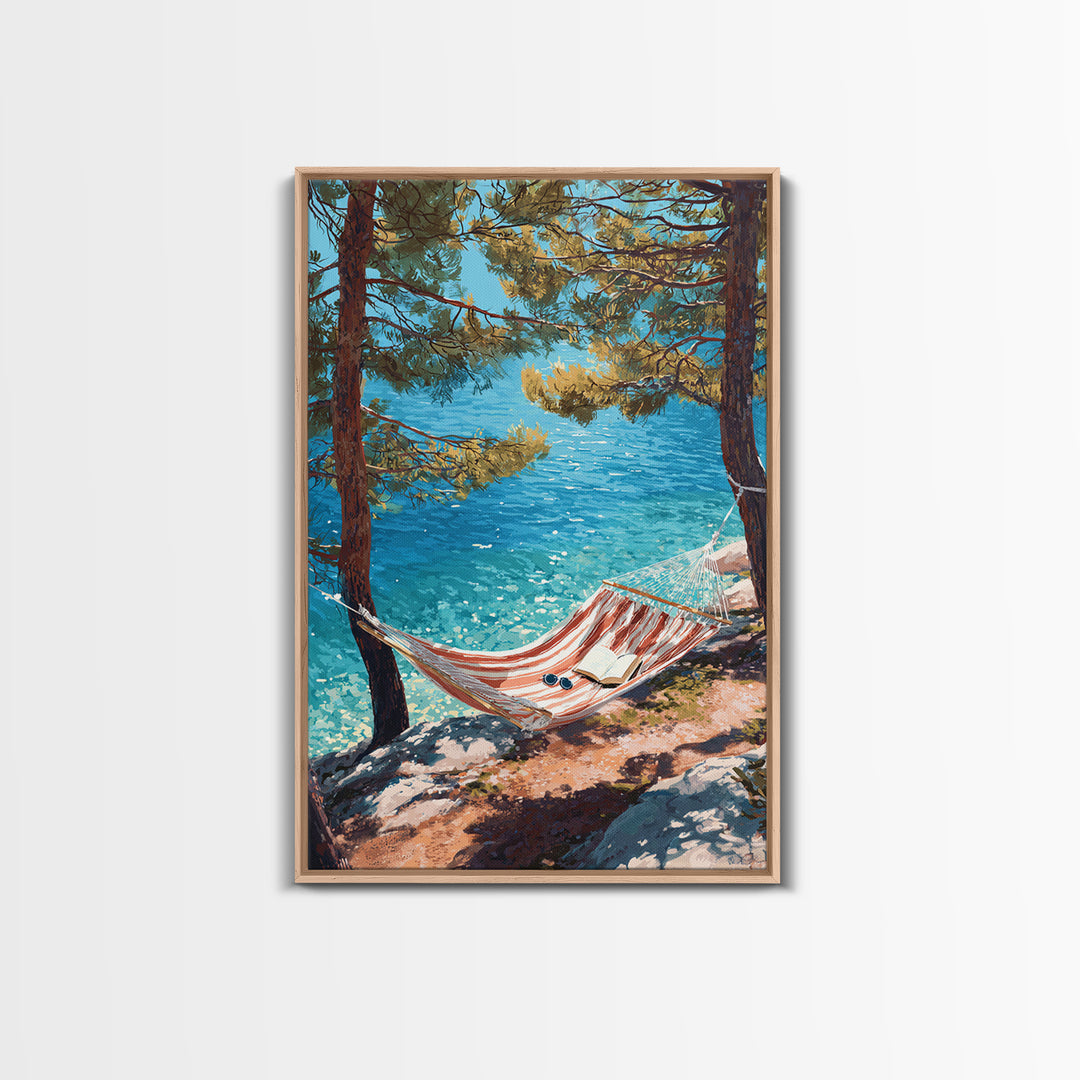 Tranquil Coastal Scene With Hammock Overlooking Sparkling Blue Ocean Landscape Painting Canvas Print Framed Canvas Print Wall Art Decor