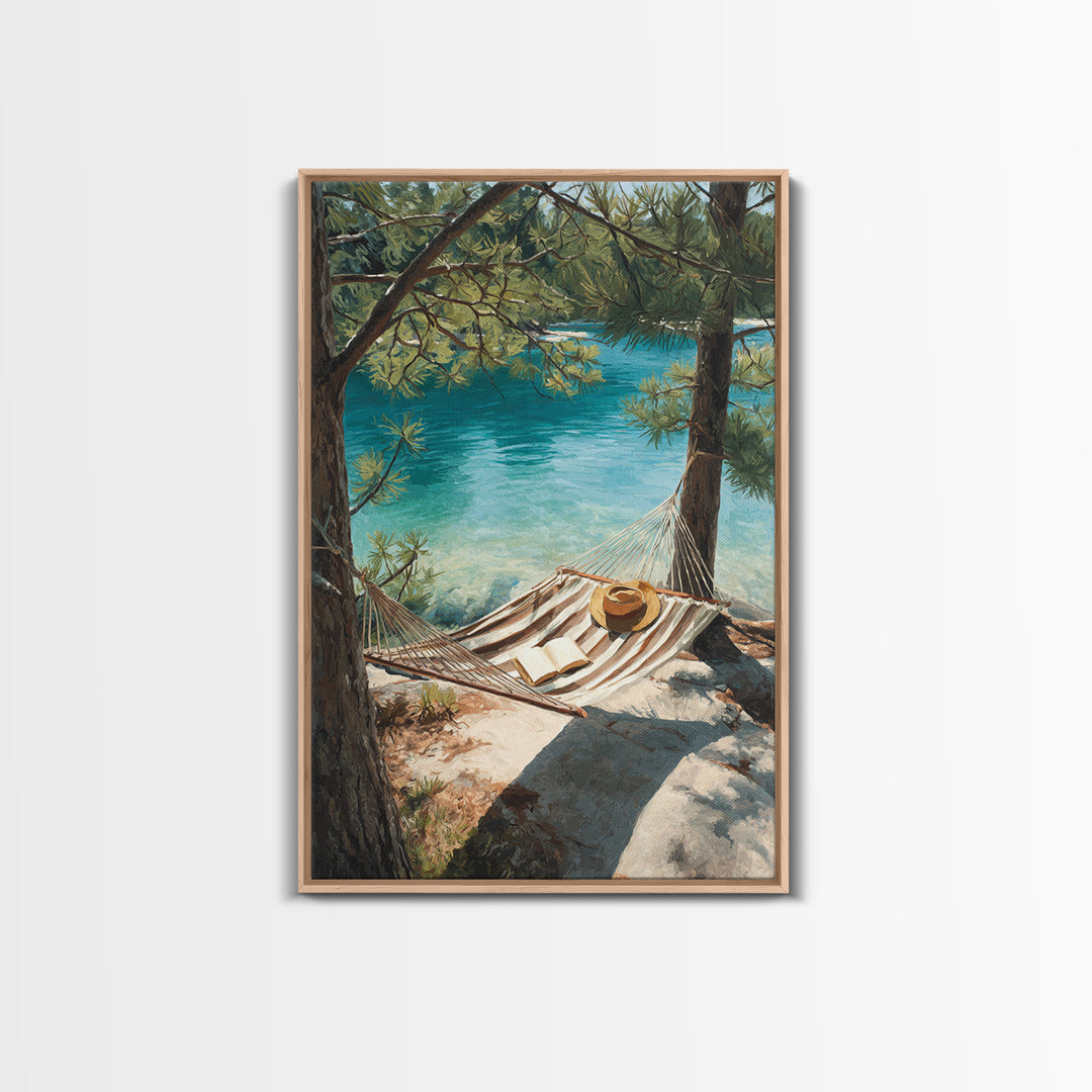 Tranquil Lakeside Hammock Scene Canvas Print, Relaxing Summer Vacation Wall Art, Cozy Home Decor Living Room Art