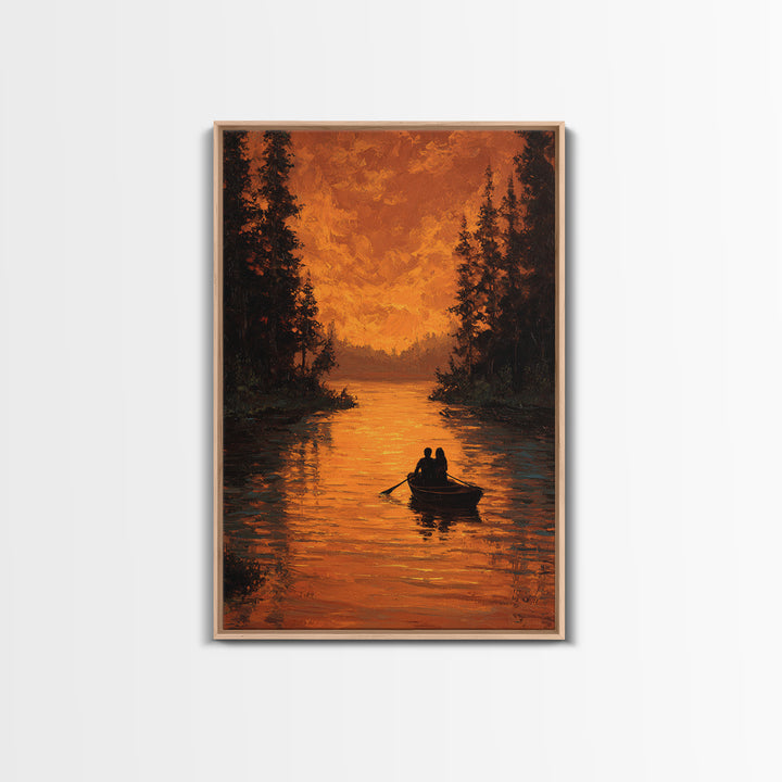 Romantic Autumn Evening Couple Rowing Boat Sunset Landscape Painting Large Wall Art Framed Canvas Print