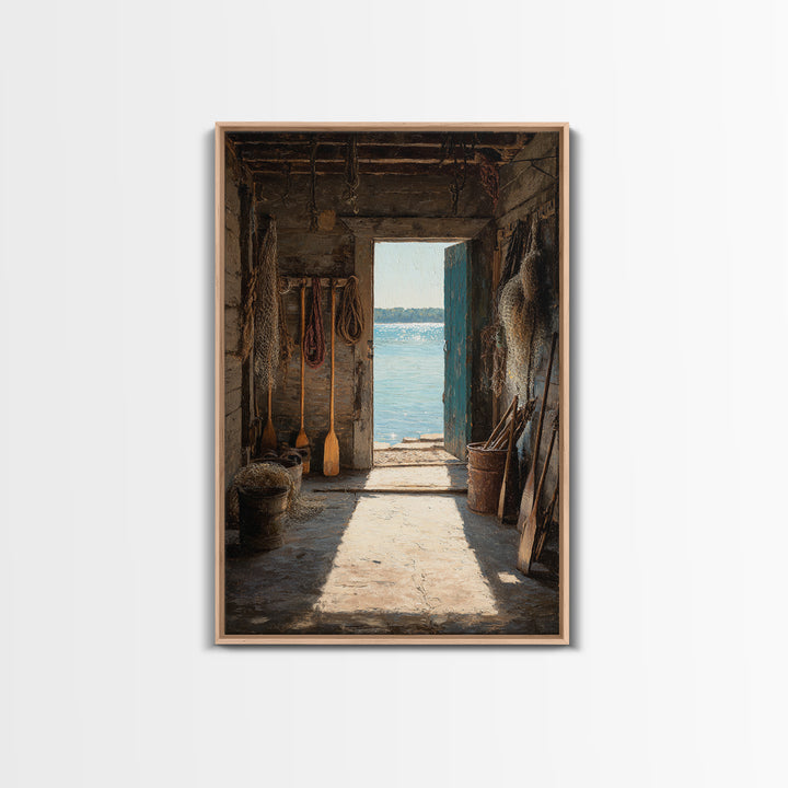 Rustic Seaside Cabin Interior With Ocean View Doorway Wall Art Print For Coastal Home Decor Or Nautical Living Room Canvas Print