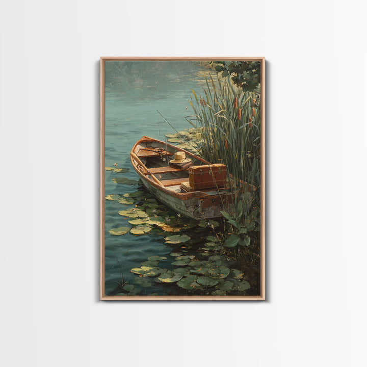 Cozy Contemporary Fishing Boat by Waterfall Original Oil Painting Wall Art Framed Canvas Print for Rustic Decor