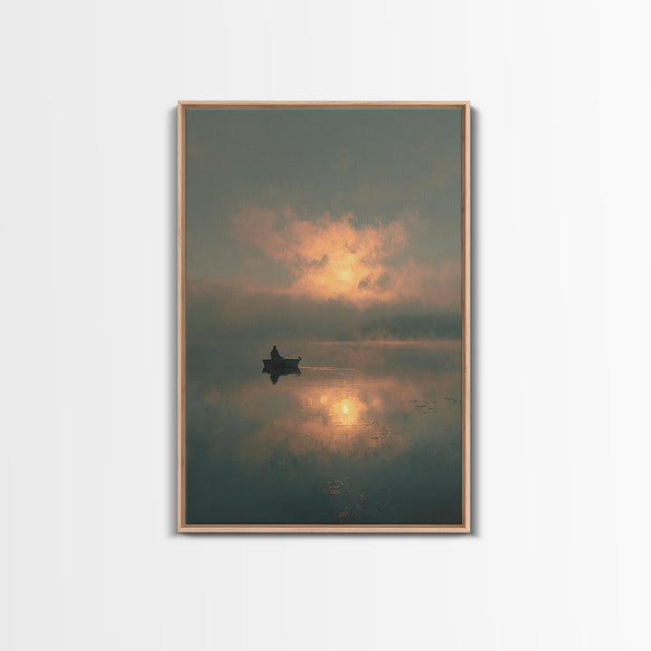 Peaceful Lone Fisherman At Sunset Canvas Print, Serene Lake Scene Wall Art, Tranquil Home Decor For Living Room