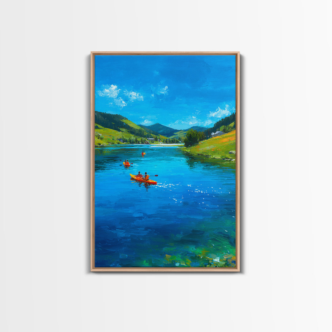 Vivid Kayakers On Blue Lake Under Clear Sky Colorful Outdoor Landscape Oil Painting Canvas Print