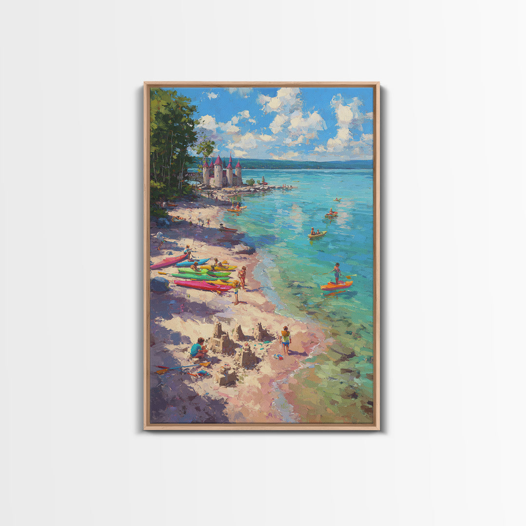 Impressionist Coastal Village Landscape Painting With Water And Boats Traditional Wall Art Large Framed Canvas Print