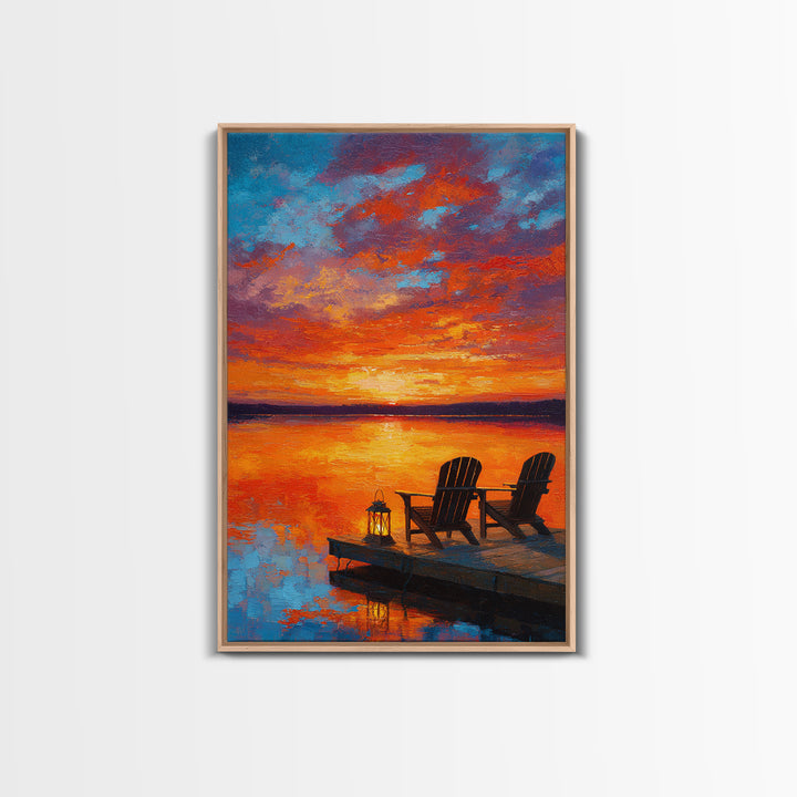 Warm Vibrant Sunset Lake Dock Scene Oil Painting Canvas Print Large Wall Art For Cozy Home Decor Living Room
