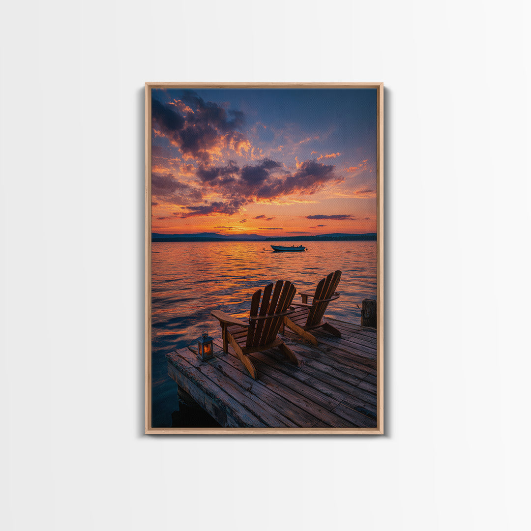Serene Sunset Over Lake With Adirondack Chairs On Dock Classic Landscape Wall Art Canvas Print