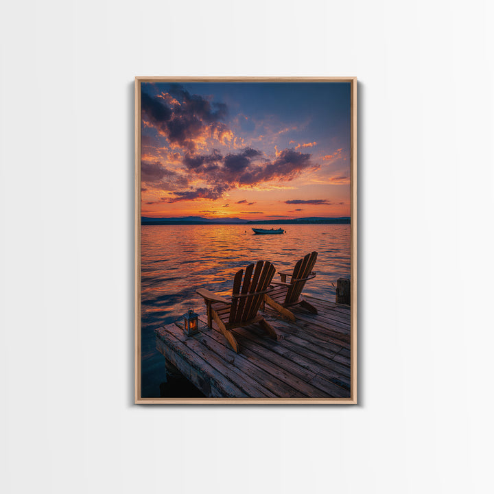 Serene Sunset Over Lake With Adirondack Chairs On Dock Classic Landscape Wall Art Canvas Print