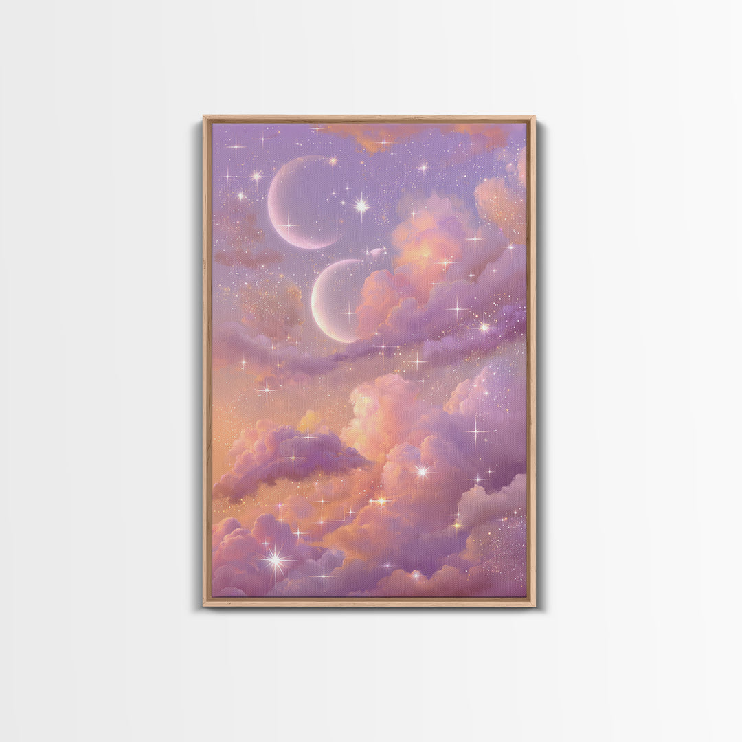 Pastel Moon And Star Cloud Canvas Print, Celestial Wall Art, Dreamy Nursery Decor, Whimsical Bedroom Decor, Gift For Her