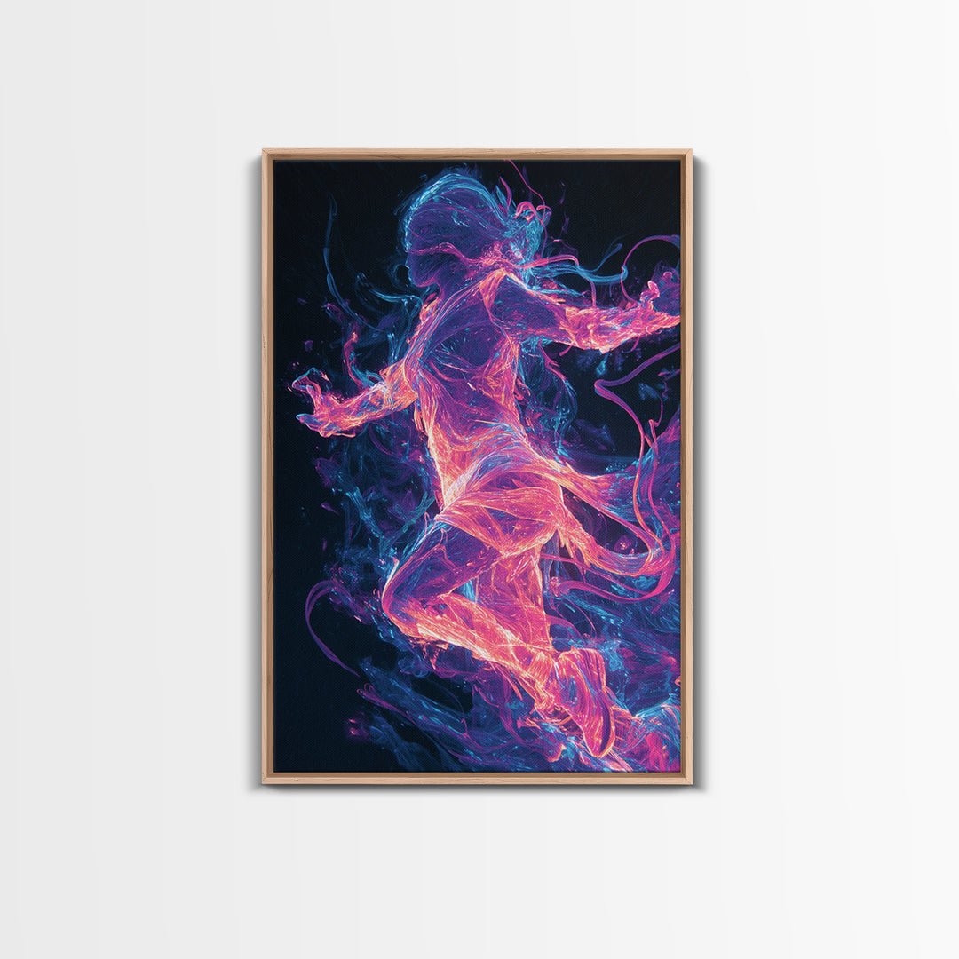 Neon Energy Dancer Framed Canvas Print, Abstract Figurative Art, Cyberpunk Decor, Vibrant Wall Art, Gift For Her, Modern Living Room Decor