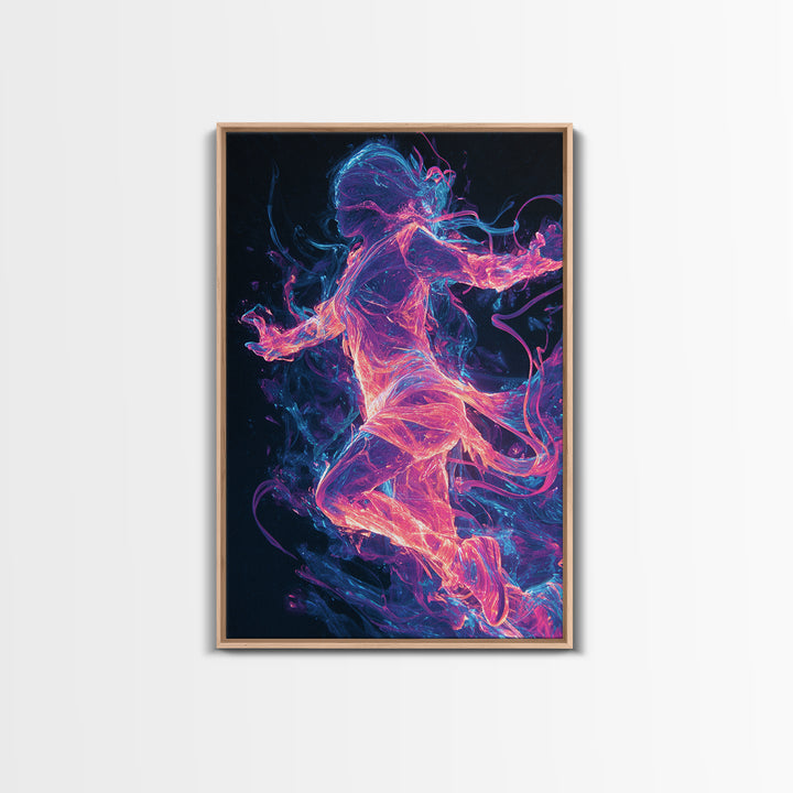 Neon Energy Dancer Framed Canvas Print, Abstract Figurative Art, Cyberpunk Decor, Vibrant Wall Art, Gift For Her, Modern Living Room Decor