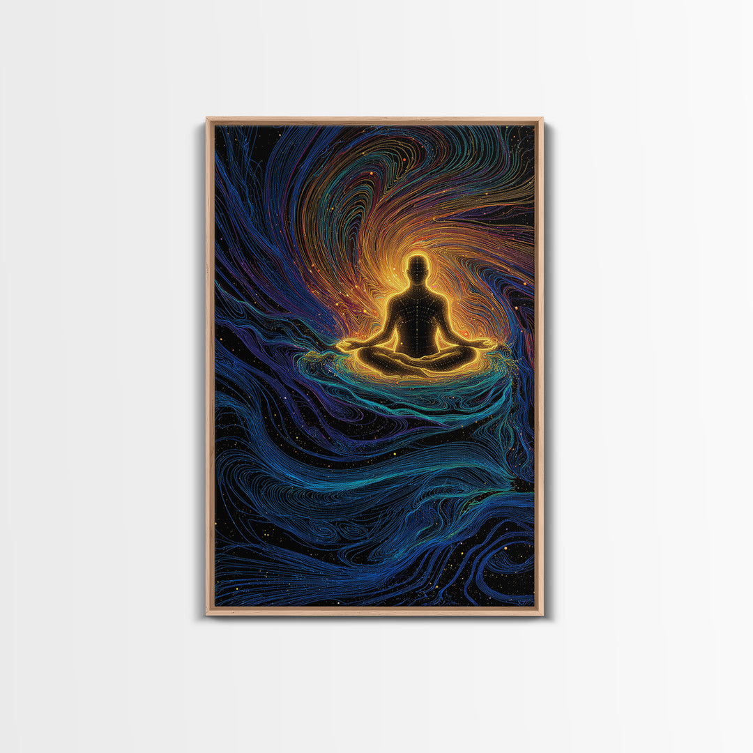 Glowing Meditation Figure Canvas Print, Spiritual Energy Wall Art, Psychedelic Zen Decor, Celestial Yoga Room Gift Decor