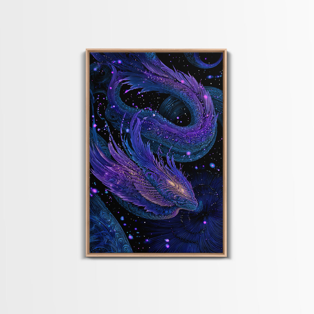 Celestial Twin Dragon Canvas Print, Purple Blue Fantasy Art, Mythical Space Wall Decor For Gamer Room And Unique Gift Idea