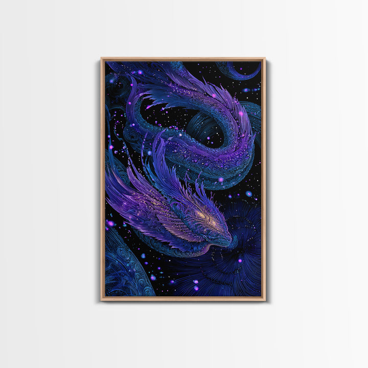 Celestial Twin Dragon Canvas Print, Purple Blue Fantasy Art, Mythical Space Wall Decor For Gamer Room And Unique Gift Idea