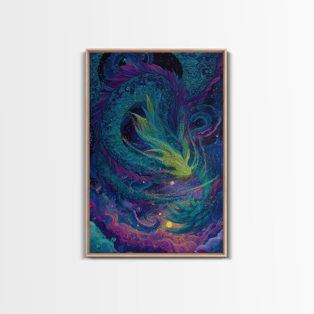 Cosmic Teal Dragon Wall Art, Fantasy Serpent Painting, Celestial Decor, Mystical Canvas, Unique Gift For Fantasy Lovers Decor