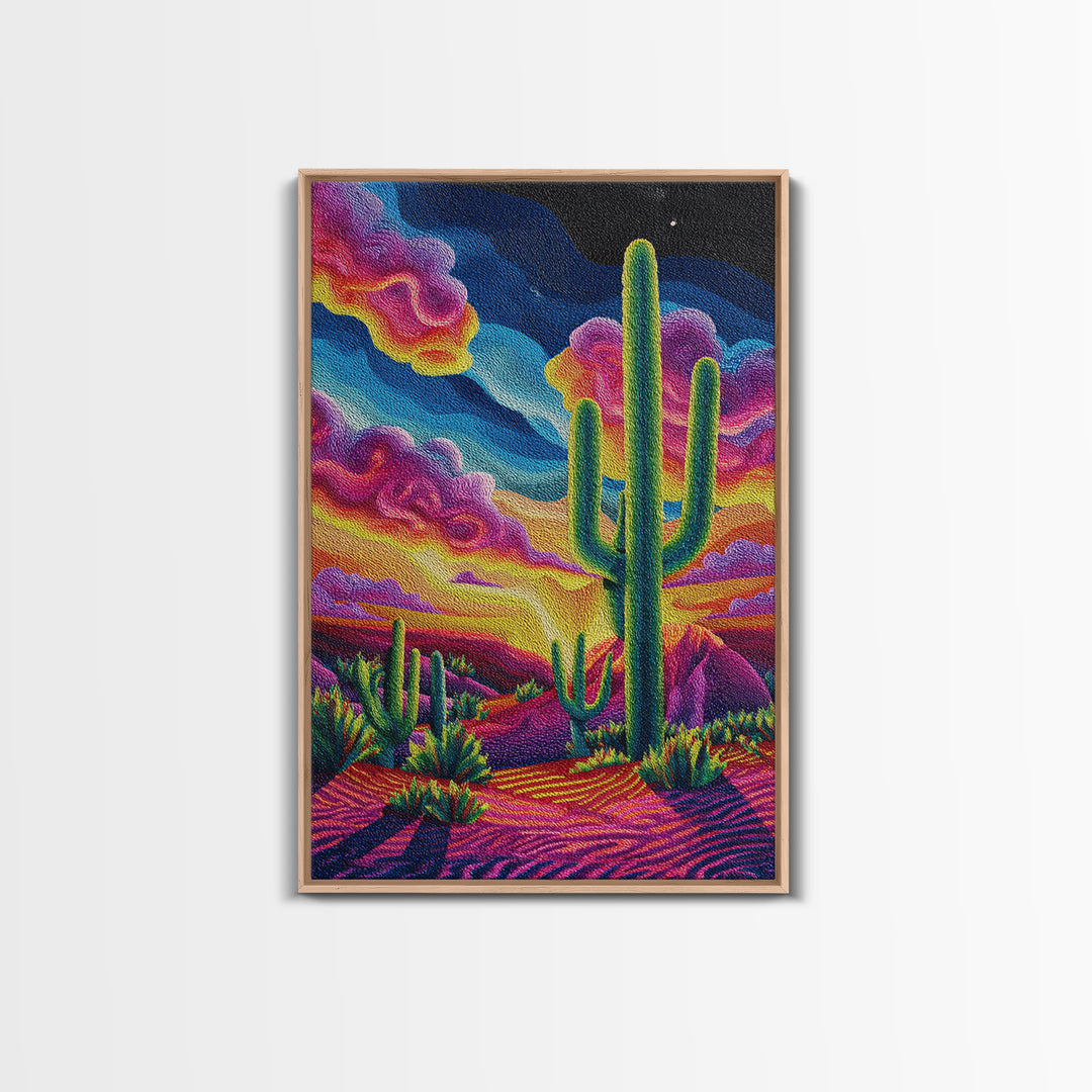 Vibrant Desert Landscape Painting With Cactus And Colorful Sunset Sky Wall Art Modern Home Decor Canvas Print