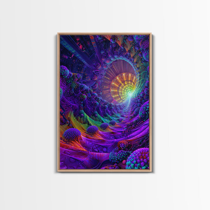 Neon Fractal Spiral Tunnel Canvas Print, Psychedelic Abstract Wall Art, Vibrant Futuristic Decor, Statement Artwork Gift