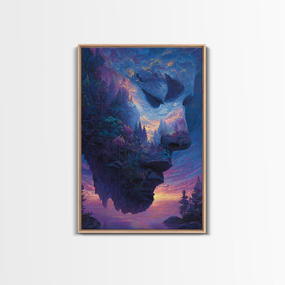Misty Mountain Landscape With Serene Buddha Silhouette Black And White Framed Canvas Print Wall Art
