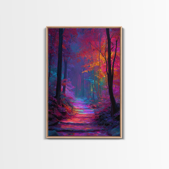 Vibrant Colorful Autumn Forest Path Wall Art With Bright Pink Yellow Foliage And Mystical Light Framed Canvas Print