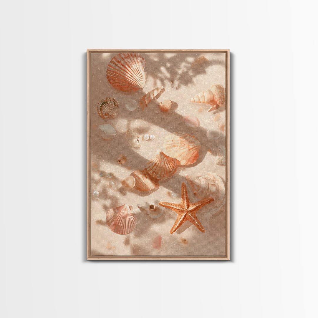 Sunlit Seashells And Starfish Framed Canvas Print, Coastal Wall Art For Beach House Decor, Nautical Bathroom Wall Decor Gift