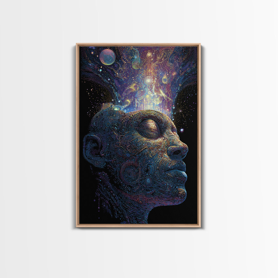 Cosmic Mind Portrait Framed Canvas Print, Psychedelic Space Wall Art, Visionary Consciousness Decor, Spiritual Gift For Him