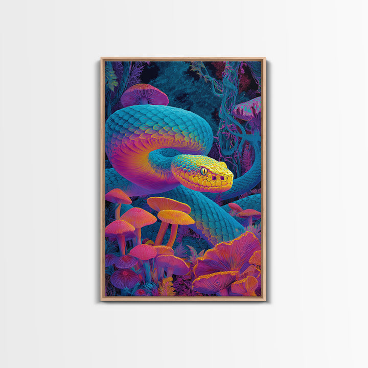 Vibrant Psychedelic Snake and Mushroom Art Wall Art Canvas Print Colorful Modern Wall Decor